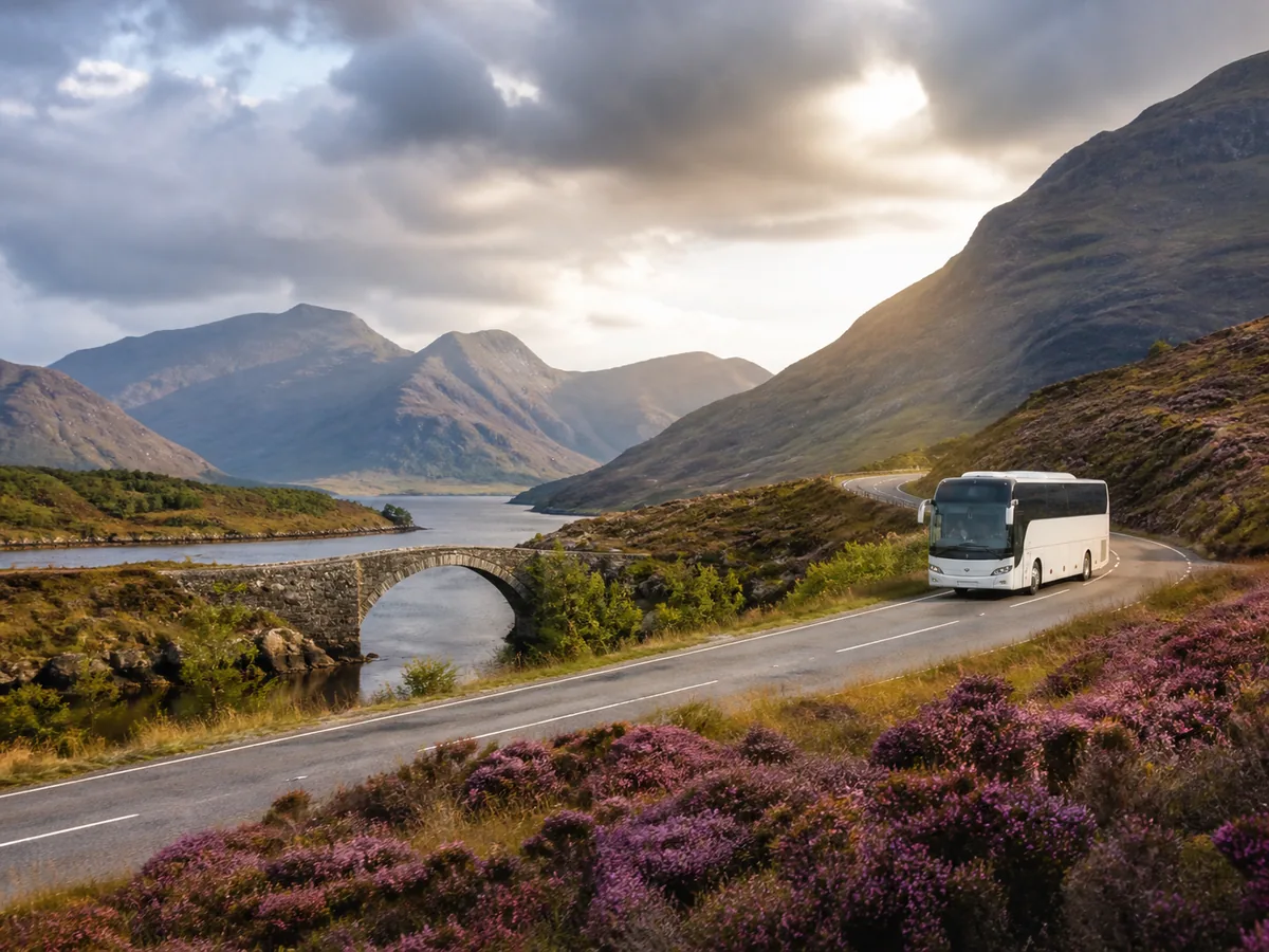 Touring coach on a scenic road in the Scottish Highlands